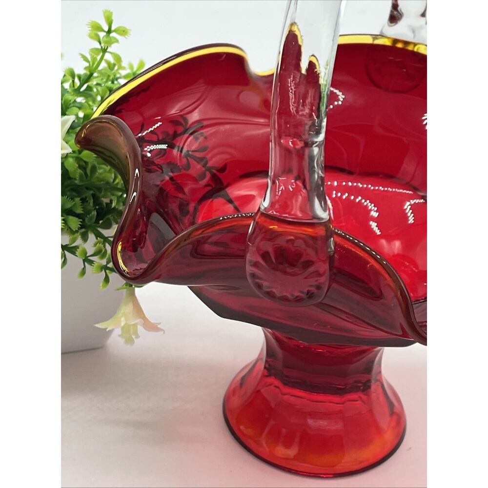 Viking Glass Ruby Amberina Georgian Handled Basket 9.5" Yellow Rim Art Glass USA - Picture 4 of 10